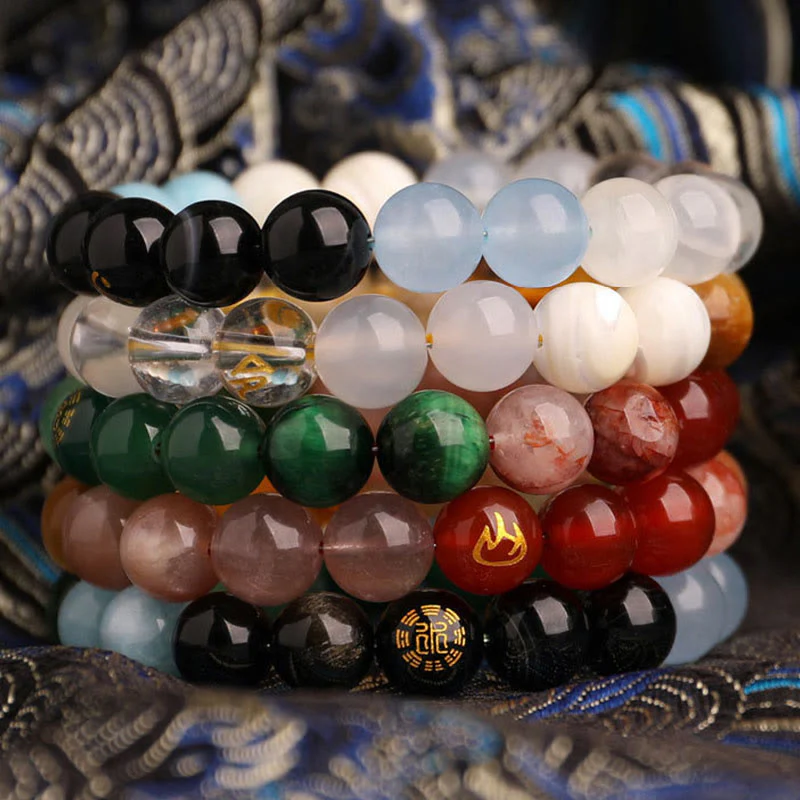 Buddha Stones Bracciale della saggezza con cinque elementi, vari cristalli di agata, onice nero, calcedonio verde, acquamarina - Image 56
