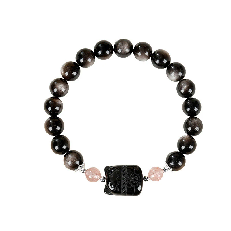 Buddha Stones Bracciale di protezione in quarzo fragola e ossidiana lucida color argento per gatti - Image 10
