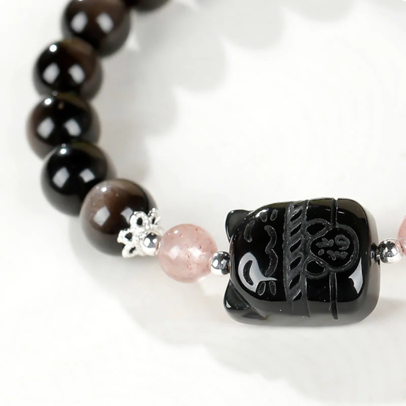 Buddha Stones Bracciale di protezione in quarzo fragola e ossidiana lucida color argento per gatti - Image 11