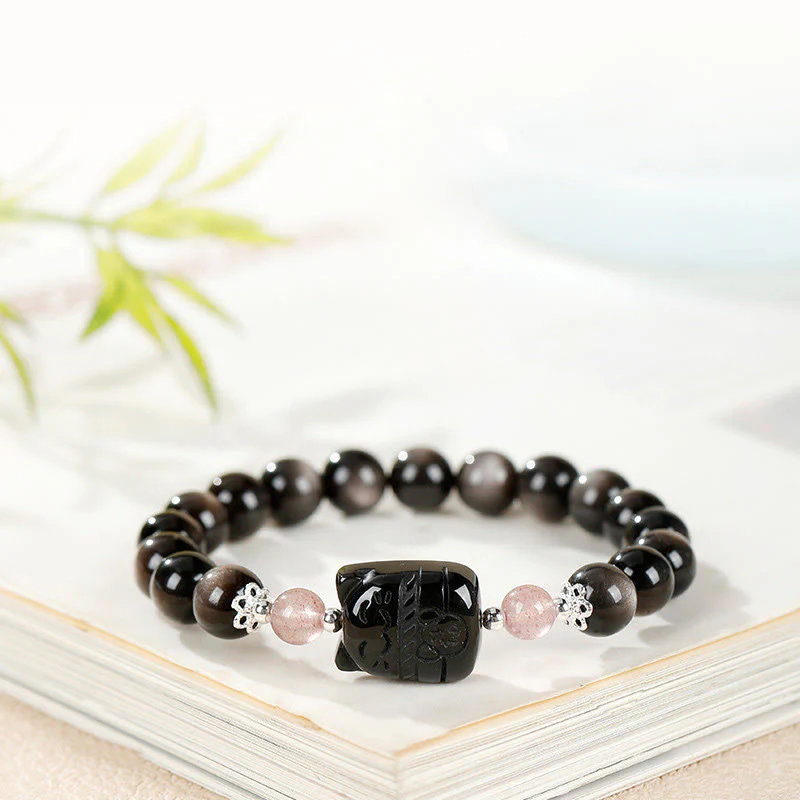 Buddha Stones Bracciale di protezione in quarzo fragola e ossidiana lucida color argento per gatti - Image 3