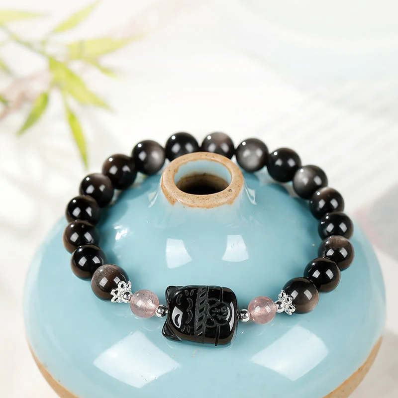 Buddha Stones Bracciale di protezione in quarzo fragola e ossidiana lucida color argento per gatti - Image 4