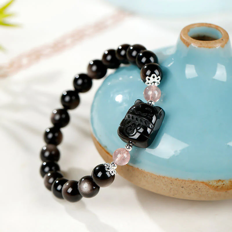 Buddha Stones Bracciale di protezione in quarzo fragola e ossidiana lucida color argento per gatti - Image 8