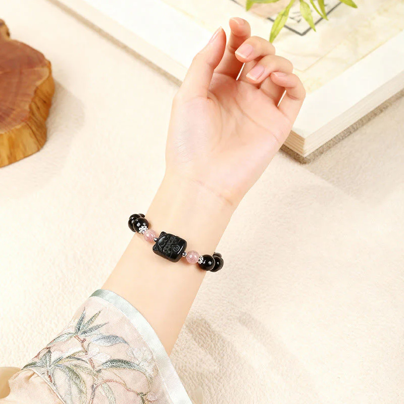 Buddha Stones Bracciale di protezione in quarzo fragola e ossidiana lucida color argento per gatti - Image 9