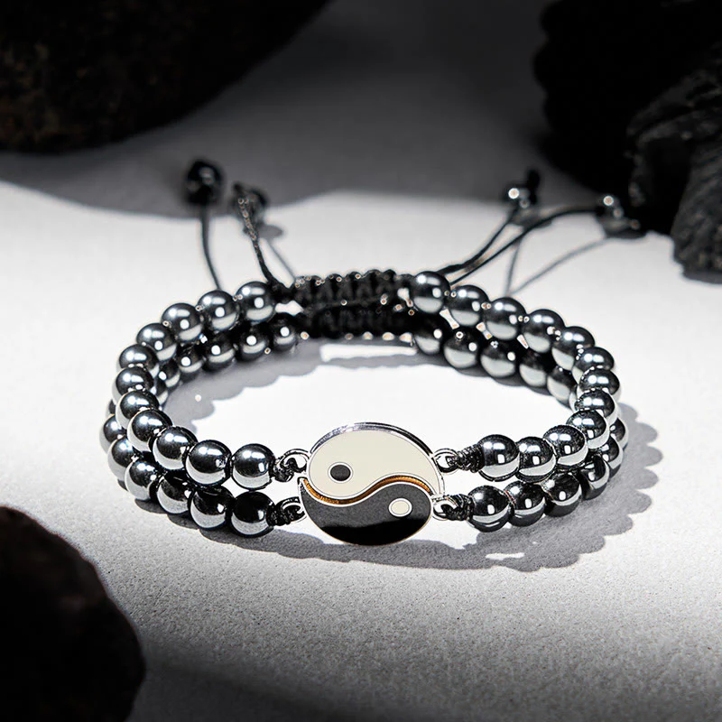 Buddha Stones Bracciale di supporto Yin Yang in ematite satinata e pietra lavica