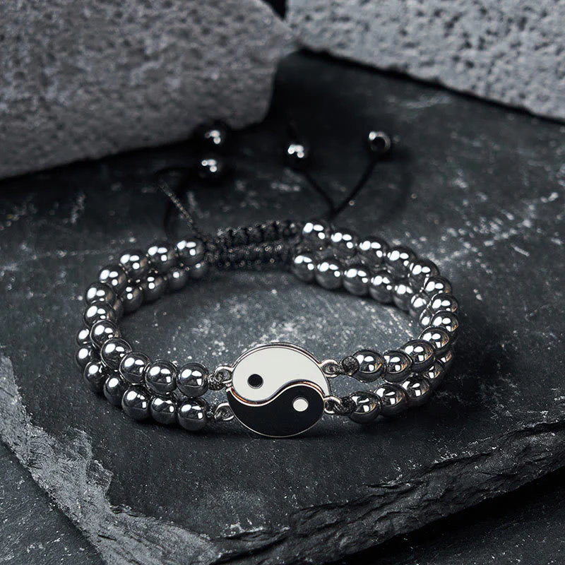Buddha Stones Bracciale di supporto Yin Yang in ematite satinata e pietra lavica - Image 2