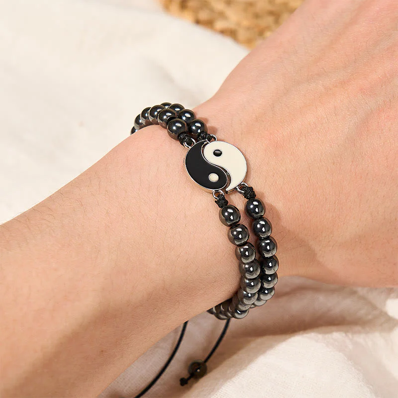 Buddha Stones Bracciale di supporto Yin Yang in ematite satinata e pietra lavica - Image 3