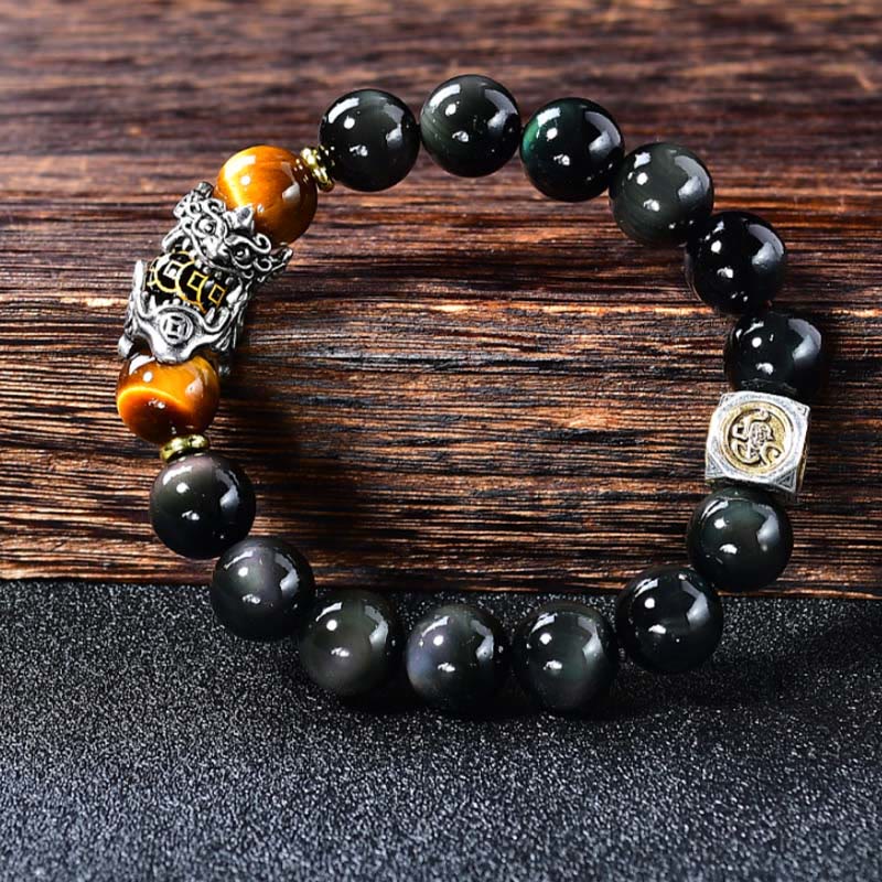 Buddha Stones Bracciale di trasformazione PiXiu Occhio di Tigre in Ossidiana Nera Naturale - Image 2