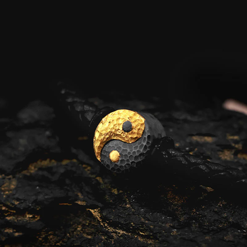 Buddha Stones Bracciale in pelle con simbolo Yin Yang Bagua in argento sterling 925 e oro 999, con motivo equilibrio. - Image 10