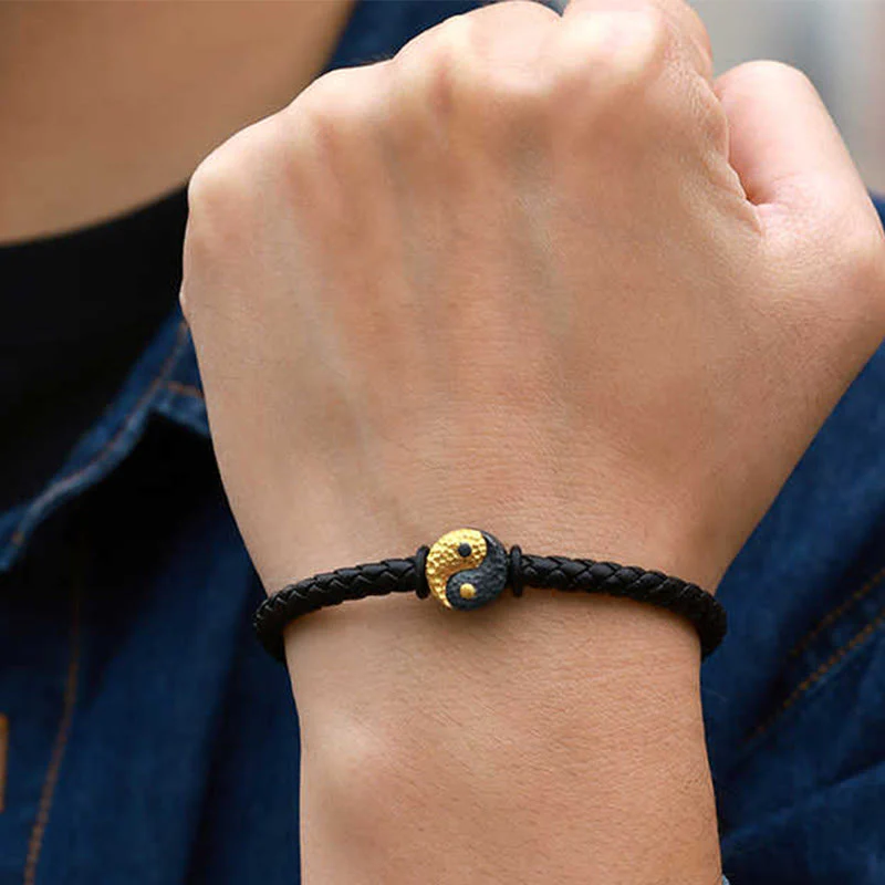 Buddha Stones Bracciale in pelle con simbolo Yin Yang Bagua in argento sterling 925 e oro 999, con motivo equilibrio. - Image 11