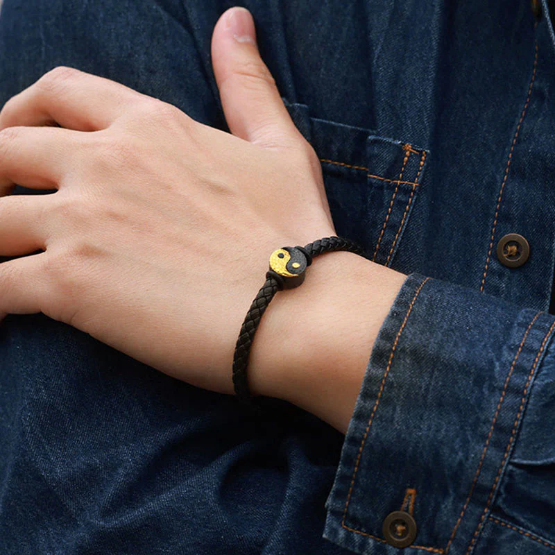 Buddha Stones Bracciale in pelle con simbolo Yin Yang Bagua in argento sterling 925 e oro 999, con motivo equilibrio. - Image 12