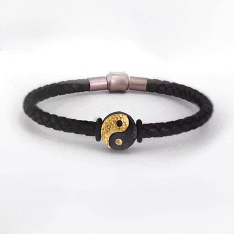 Buddha Stones Bracciale in pelle con simbolo Yin Yang Bagua in argento sterling 925 e oro 999, con motivo equilibrio. - Image 13