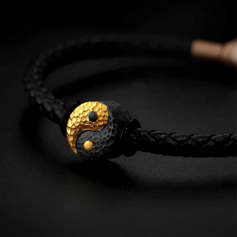 Buddha Stones Bracciale in pelle con simbolo Yin Yang Bagua in argento sterling 925 e oro 999, con motivo equilibrio. - Image 2