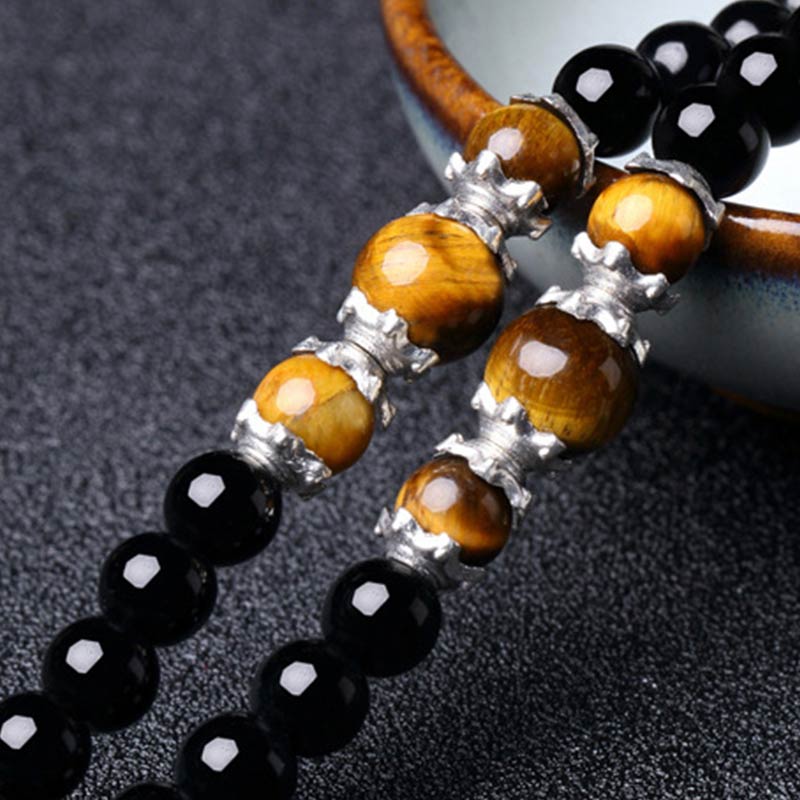 Buddha Stones Bracciale Mala con 108 perle in ossidiana nera naturale e occhio di tigre - Image 10