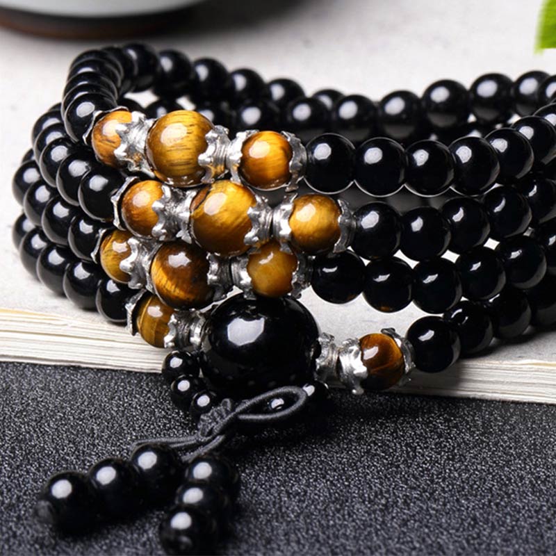 Buddha Stones Bracciale Mala con 108 perle in ossidiana nera naturale e occhio di tigre - Image 8