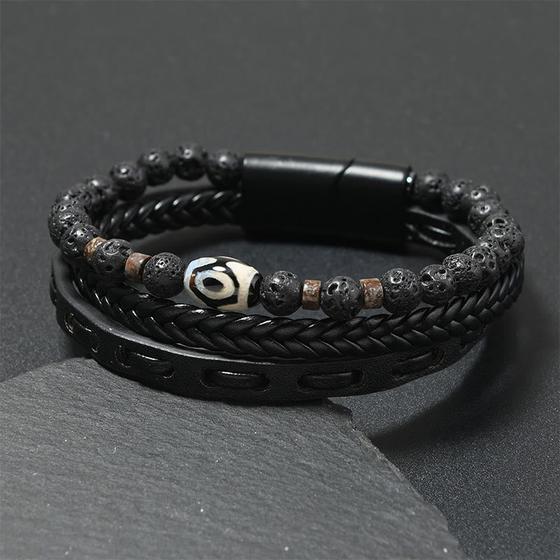 Buddha Stones Bracciale portafortuna in pelle intrecciata multistrato con pietre laviche e perline Dzi.
