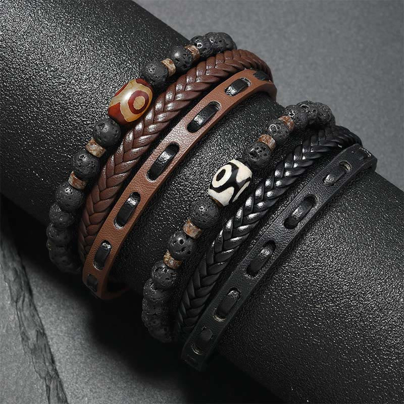 Buddha Stones Bracciale portafortuna in pelle intrecciata multistrato con pietre laviche e perline Dzi. - Image 10