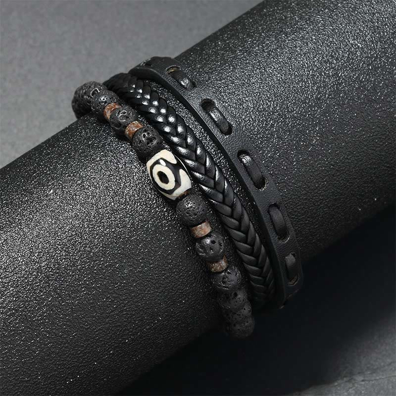 Buddha Stones Bracciale portafortuna in pelle intrecciata multistrato con pietre laviche e perline Dzi. - Image 2