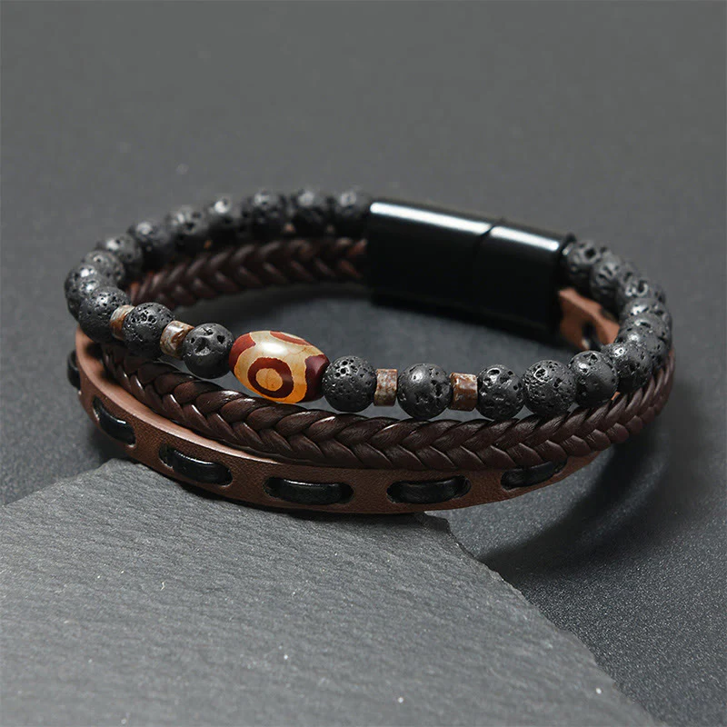 Buddha Stones Bracciale portafortuna in pelle intrecciata multistrato con pietre laviche e perline Dzi. - Image 4
