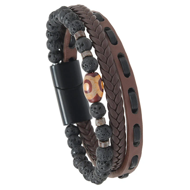 Buddha Stones Bracciale portafortuna in pelle intrecciata multistrato con pietre laviche e perline Dzi. - Image 8