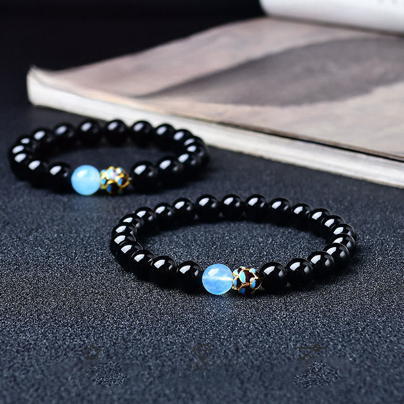 Buddha Stones Bracciale purificante a forma di loto in ossidiana nera naturale
