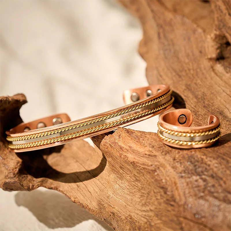 Buddha Stones Bracciale rigido con anello e polsino portafortuna in rame con design retrò intrecciato - Image 4