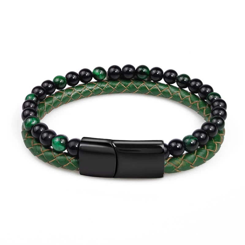 Buddha Stones Bracciale rinforzato in pelle intrecciata a doppio giro con occhio di tigre verde - Image 5