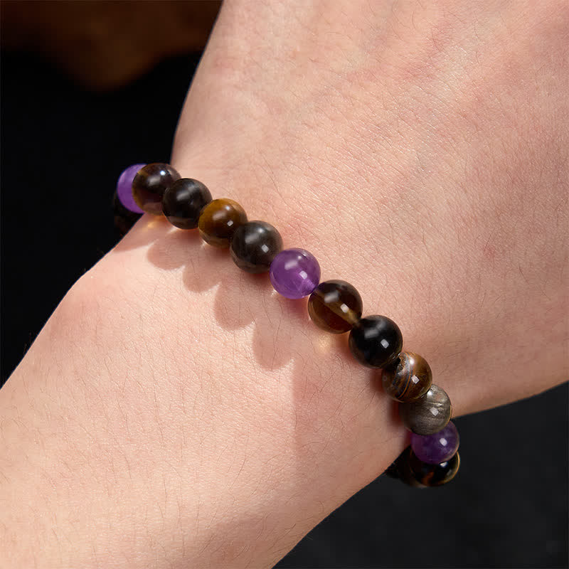 Buddha Stones Bracciale terapeutico con ametista naturale, occhio di tigre, ossidiana nera e quarzo fumé. - Image 6