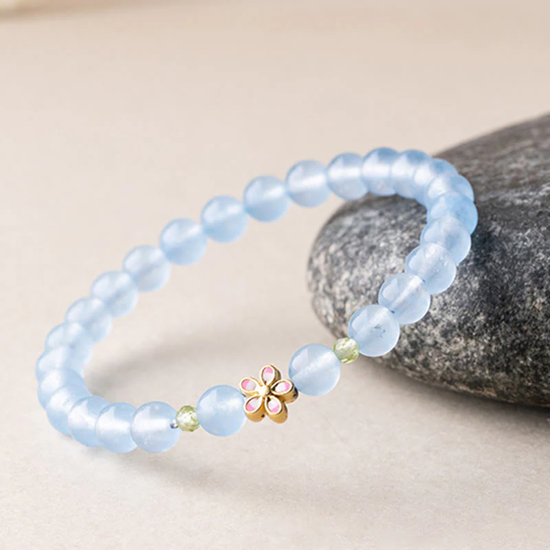 Buddha Stones Bracciale terapeutico floreale in rame placcato oro e acquamarina naturale - Image 4
