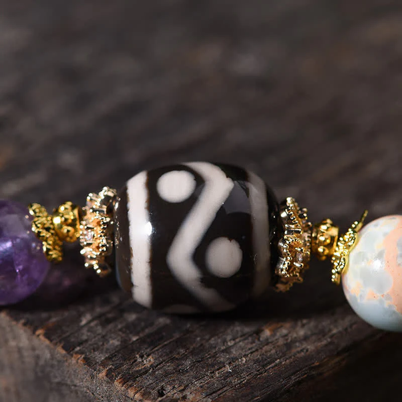 Buddha Stones Braccialetto benessere con perline Dzi naturali, ametista e occhio di tigre - Image 15