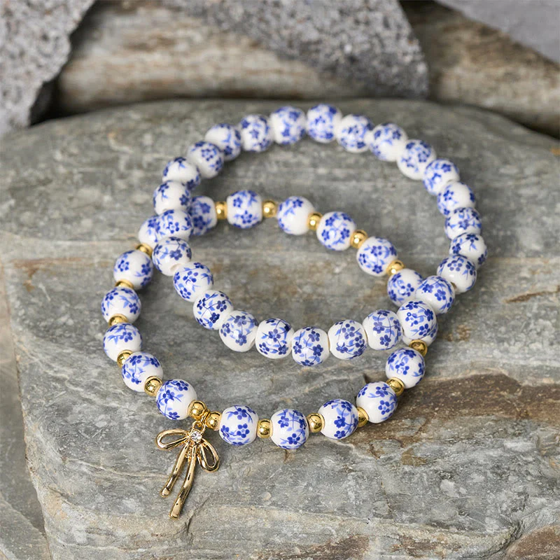 Buddha Stones Braccialetto con fiocco di perline di porcellana blu, bianca e rosa, con perline, simbolo della pace interiore. - Image 3