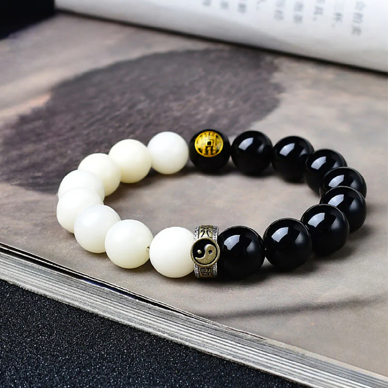 Buddha Stones Braccialetto di forza con semi di Bodhi in ossidiana nera, mantra Yin Yang a nove caratteri, fantasmi di montagna, soldi, spendi