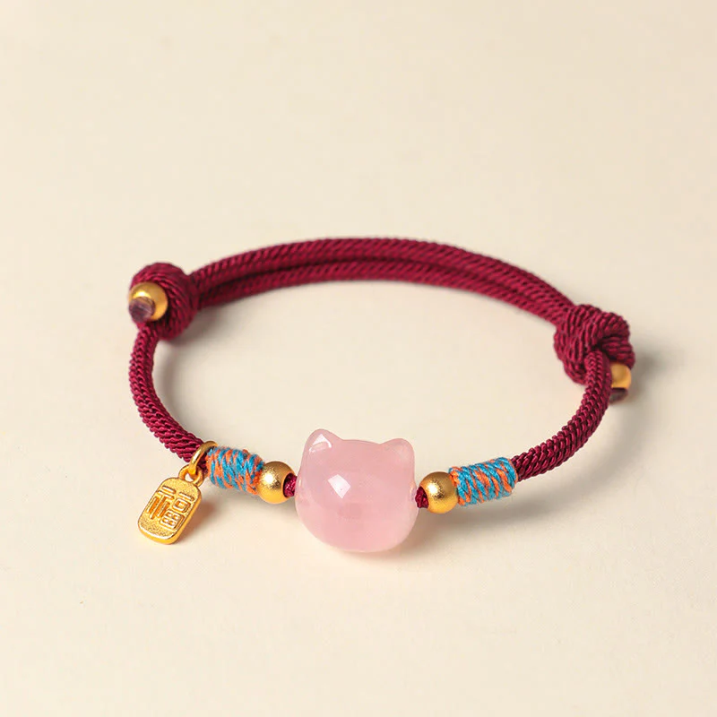 Buddha Stones Braccialetto di protezione con cordino di cristallo rosa ossidiana e carattere Cat Fu - Image 10