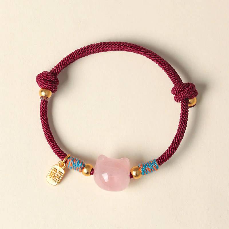 Buddha Stones Braccialetto di protezione con cordino di cristallo rosa ossidiana e carattere Cat Fu - Image 11