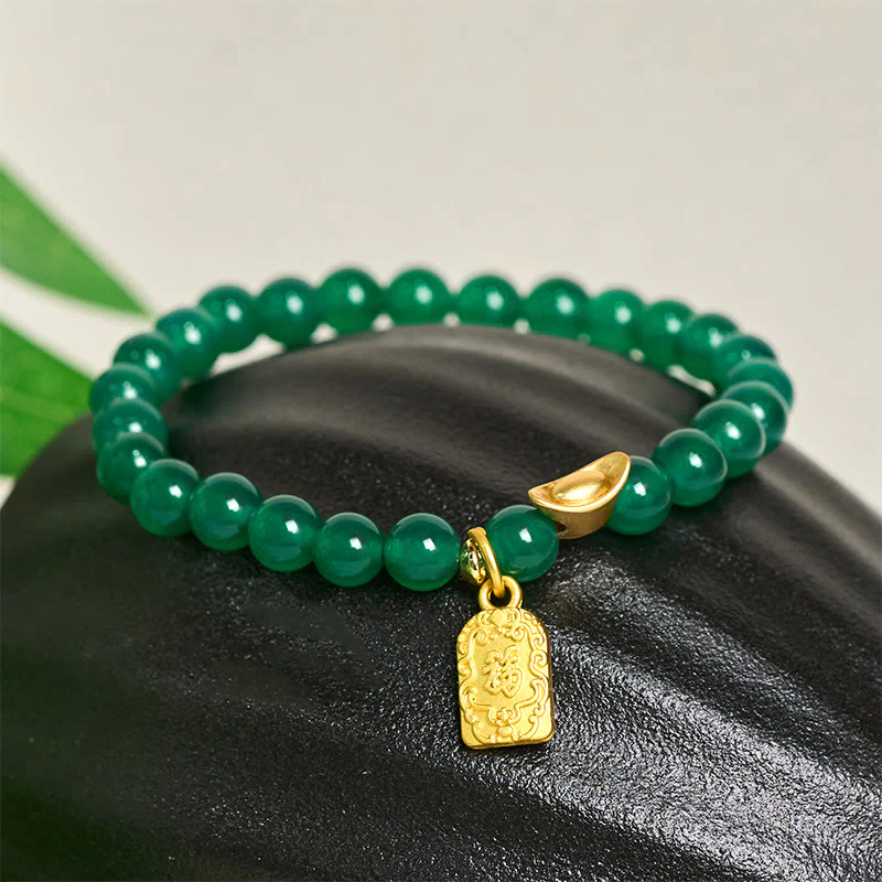Braccialetto Buddha Stones con lingotto di agata verde e carattere Fu, relax e speranza - Image 2