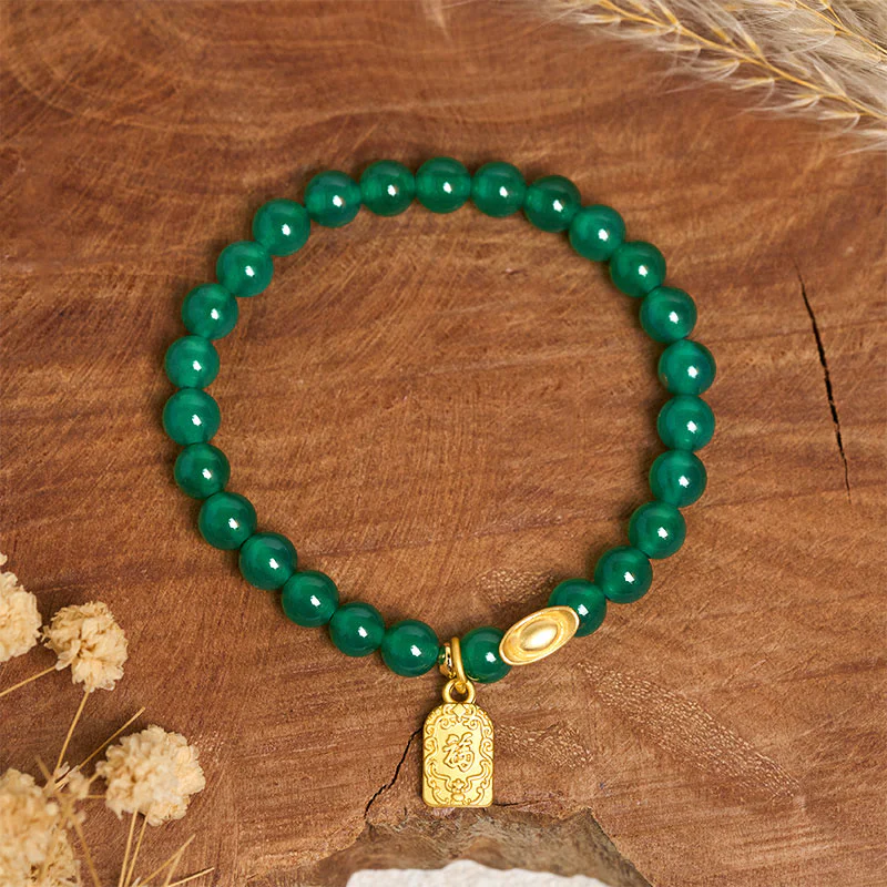 Braccialetto Buddha Stones con lingotto di agata verde e carattere Fu, relax e speranza - Image 3