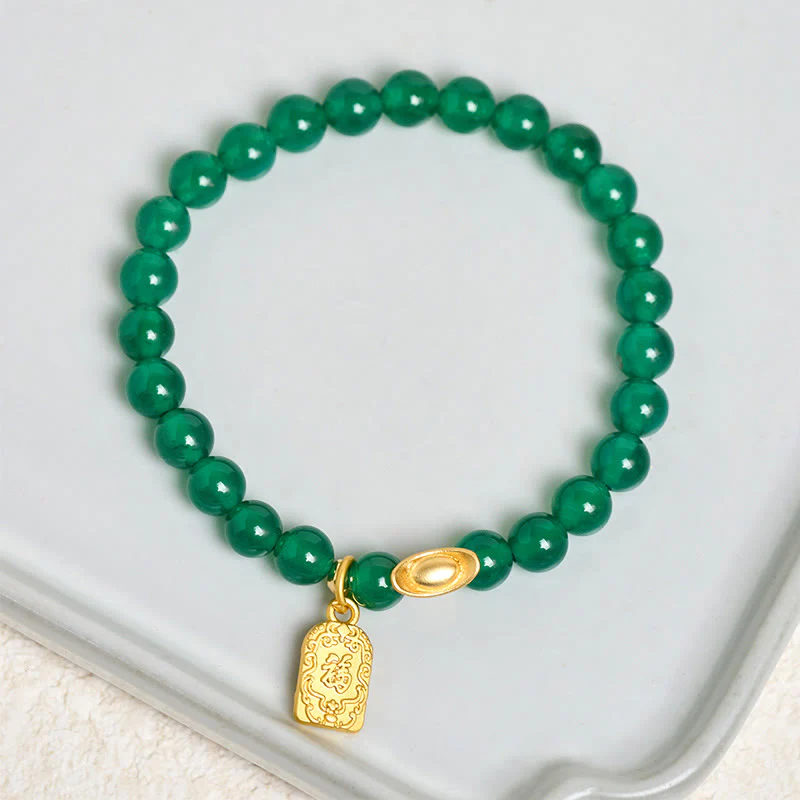 Braccialetto Buddha Stones con lingotto di agata verde e carattere Fu, relax e speranza - Image 4