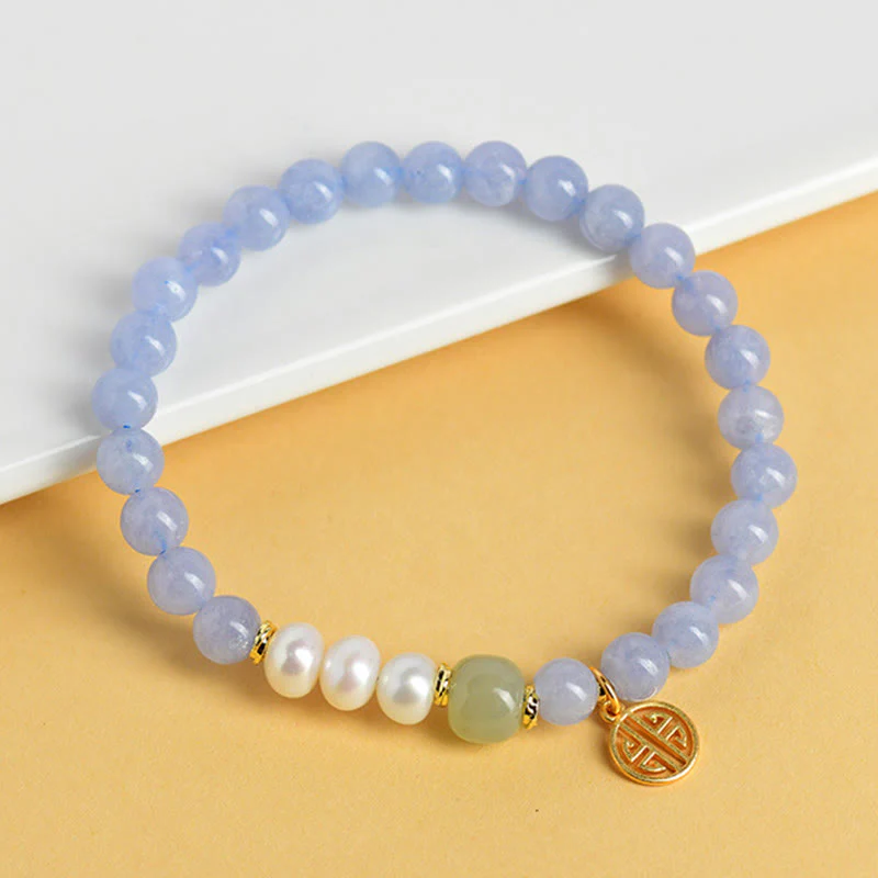 Buddha Stones Braccialetto energetico con perle di calcedonio blu - Image 3
