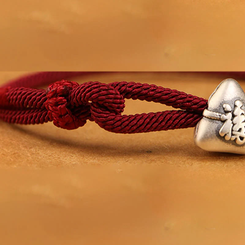 Buddha Stones Braccialetto in corda portafortuna Zongzi con carattere Fu in argento sterling 999 - Image 11