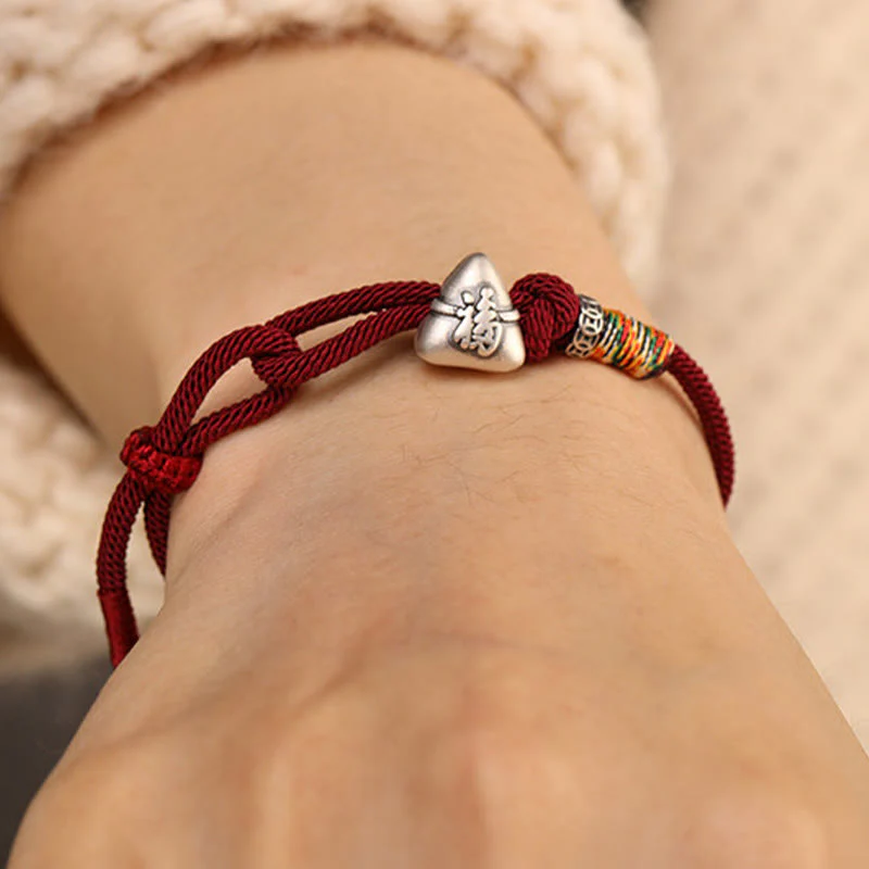 Buddha Stones Braccialetto in corda portafortuna Zongzi con carattere Fu in argento sterling 999 - Image 12