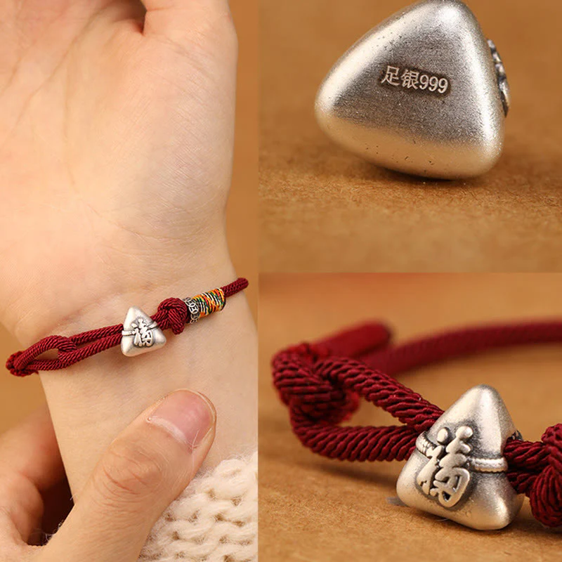Buddha Stones Braccialetto in corda portafortuna Zongzi con carattere Fu in argento sterling 999 - Image 13