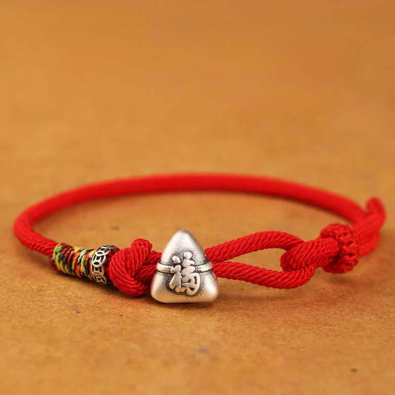 Buddha Stones Braccialetto in corda portafortuna Zongzi con carattere Fu in argento sterling 999 - Image 15