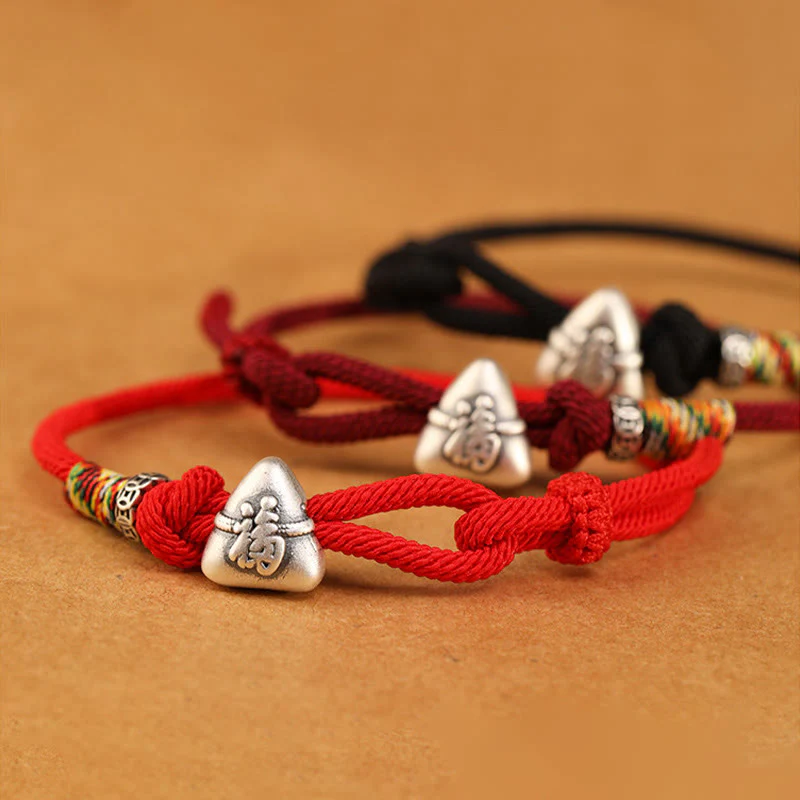 Buddha Stones Braccialetto in corda portafortuna Zongzi con carattere Fu in argento sterling 999 - Image 17