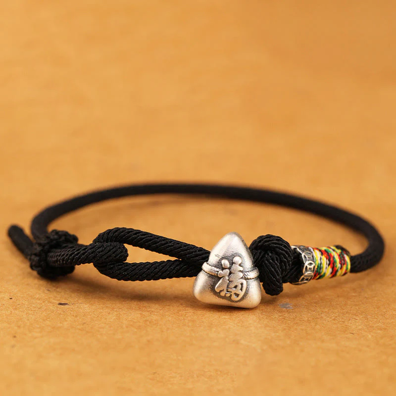 Buddha Stones Braccialetto in corda portafortuna Zongzi con carattere Fu in argento sterling 999 - Image 18