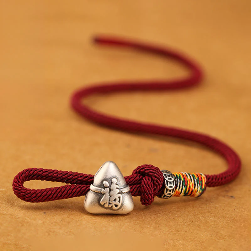 Buddha Stones Braccialetto in corda portafortuna Zongzi con carattere Fu in argento sterling 999 - Image 3