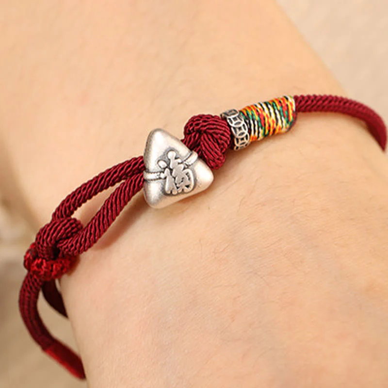 Buddha Stones Braccialetto in corda portafortuna Zongzi con carattere Fu in argento sterling 999 - Image 5