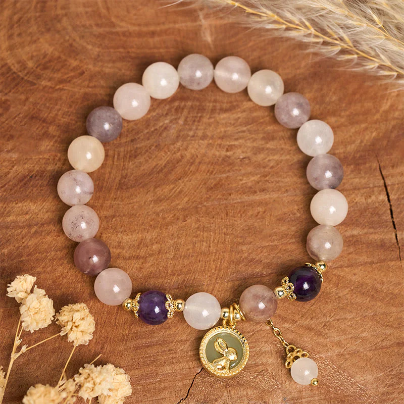 Buddha Stones Braccialetto in giada di seta dorata con carattere Fu e coniglio che allontana gli spiriti maligni - Image 9