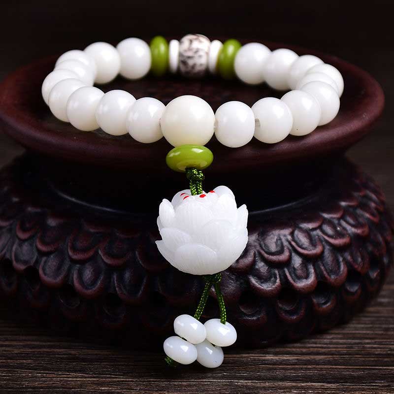 Buddha Stones Braccialetto portafortuna con semi di Bodhi bianchi naturali di loto