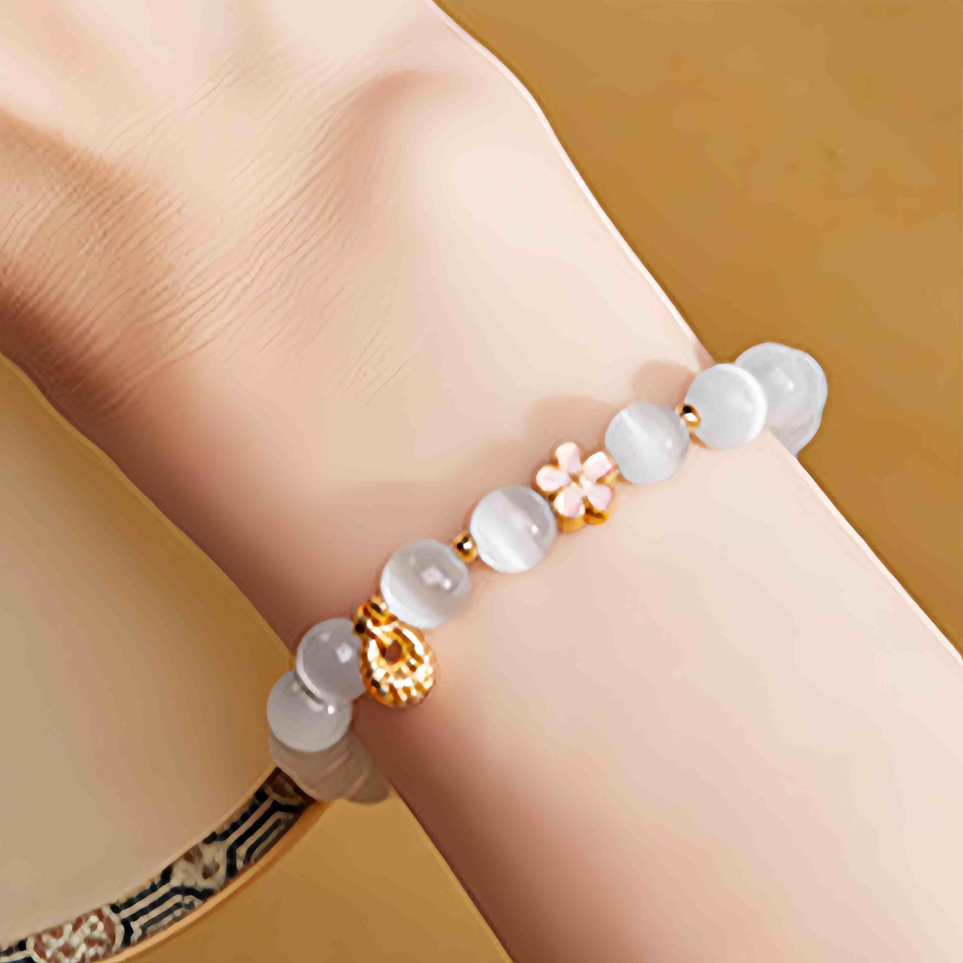 Buddha Stones Braccialetto portafortuna in argento sterling 925 con fiore di pesco e occhio di gatto bianco - Image 10
