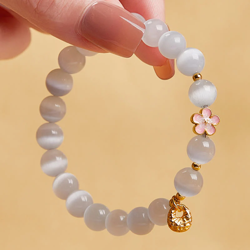 Buddha Stones Braccialetto portafortuna in argento sterling 925 con fiore di pesco e occhio di gatto bianco - Image 4