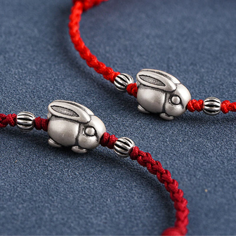 Buddha Stones Braccialetto portafortuna in corda di coniglio in argento sterling 999 fatto a mano - Image 20